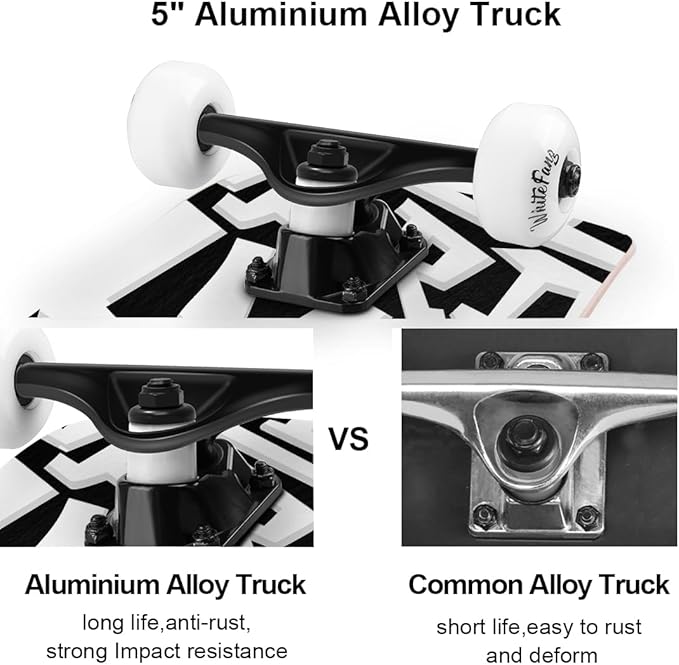 WhiteFang Skateboards for Beginners, Complete Skateboard 31 x 7.88, 7 Layer Canadian Maple Double Kick Concave Standard and Tricks Skateboards for Kids and Beginners