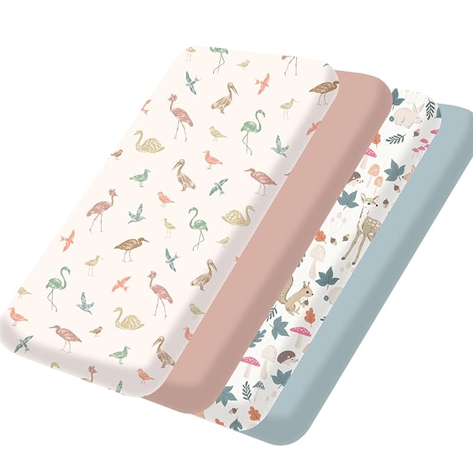 Bimocosy Mini Crib Sheets,Pack and Play Sheets for Baby Girl Boy 4 Pack,Size 38"x 26" for Playard Mattress,Portable Mini Crib,Soft Pack N Play Sheets Fitted,Wetland Birds/Squirrel/Mauve/Fog Blue