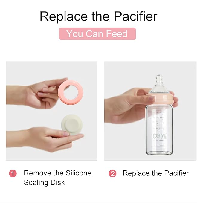 COMI Wide Neck Glass Breastmilk Collection n Storage Bottle, 8oz with Screw Ring Sealing Disk; Re-markable Sealing Disc. BPA Free, Fits Breast Pumps & Nipples (6 Pink Lids)