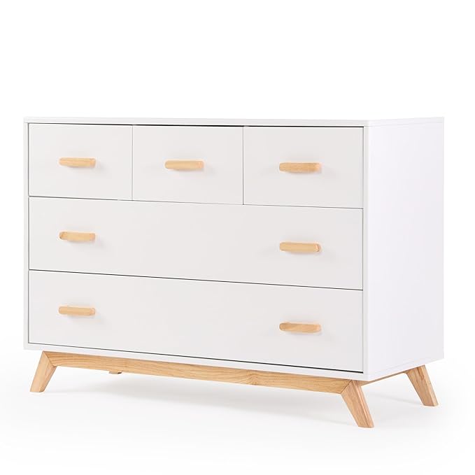 dadada Soho 5-Drawer Dresser for Nursery and Bedroom - Modern Design, Large Storage, Baby-Safe Finish, Soft Close Drawers, Anti-Tip Safety, Sturdy Legs & Solid Wood Handles, 47” Wide (White+Natural)