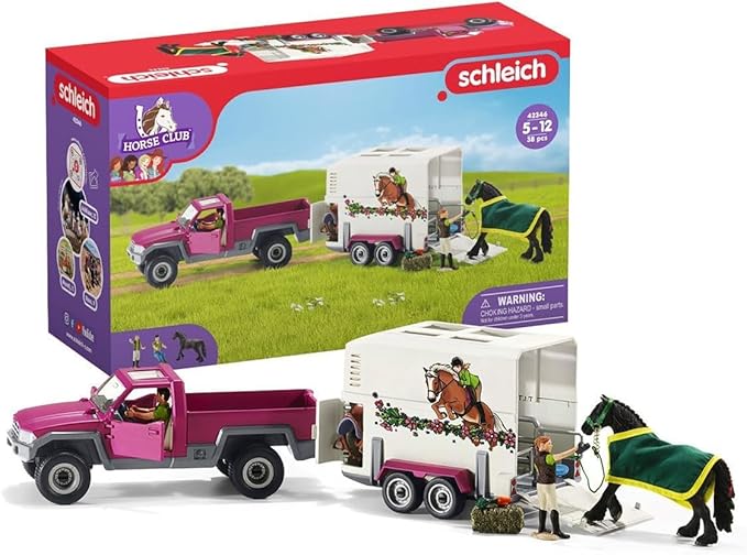 Schleich Horse Club - 38PC Trailer and Truck Transporter Playset with Realistic Horse and Rider Figurines and Accessories - Interactive Toys for Girls and Boys - Kids Ages 5+ | 42346