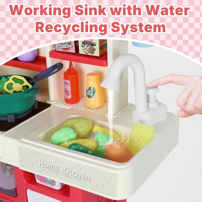 Kids Pretend Kitchen Playset with Electronic Stove, Steam & LED Lights – Interactive Toddler Kitchen Toy with Working Sink, Play Food & Accessories for Girls & Boys 3–8 Years (Red)