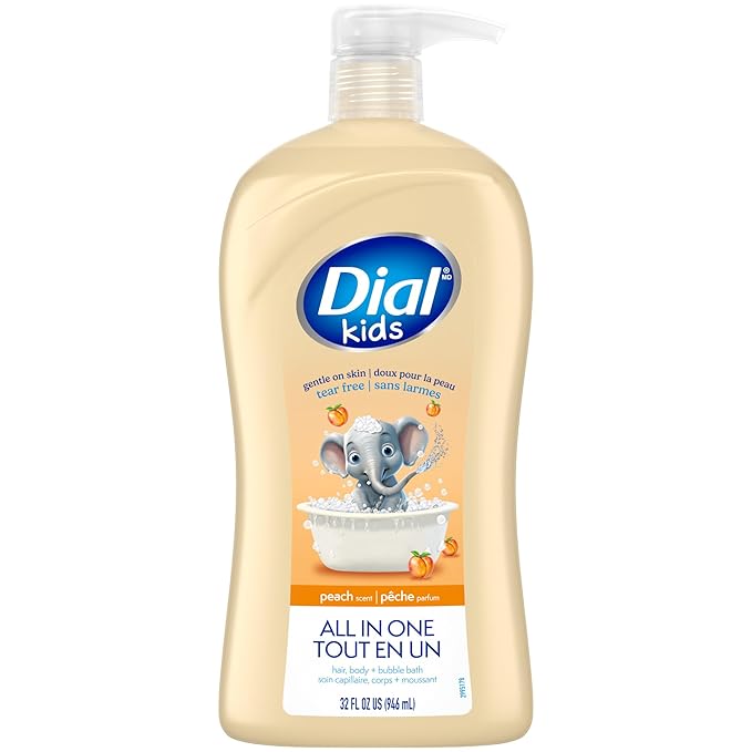 Dial Kids All-in-1 Body + Hair + Bubble Bath, Peach Scent, 32 Fl Oz, Hypoallergenic Body Wash & Shampoo, No Tears Formula for Kids 2+ Years, No Parabens & Silicones