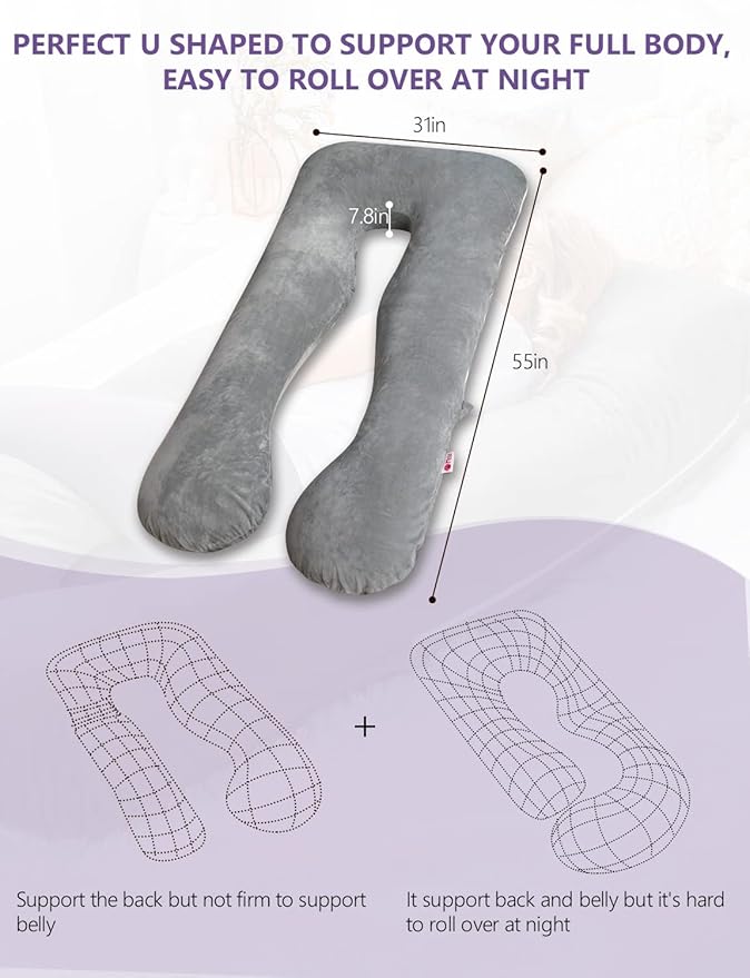 Meiz Pregnancy Pillow, U Shaped Pregnancy Body Pillow with Zipper Removable Cover (Gray- Velvet)