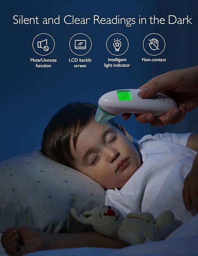 Momcozy Non-Contact Forehead and Ear Thermometer, Digital Infrared Thermometer for Adults and Children, with Child Mode, Fever Alarm Function, Mute and Memory Functions, Fast and Accurate Measurement