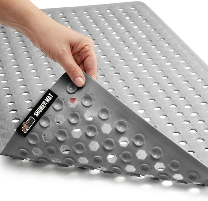 GORILLA GRIP Patented Bath Tub Shower Mat, Machine Washable Bathtub Floor Liner Mats, Suction Cups and Drain Holes to Keep Tubs Clean, Soft on Feet, Bathroom Essentials, 35x16 Inch, Gray Opaque