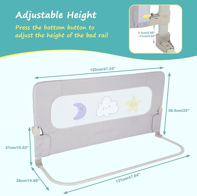welspo Folding Toddler Bed Rails, Baby Bed Rail Guard, Height Adjustable and Foldable Bed Rail for Toddlers, Kids, fit Twin, Queen, King, Full, Bunk Beds (Grey, 47inch)
