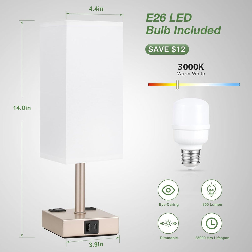 Light Gold Touch Lamps Set of 2 - Nightstand Lamp with USB-C + A Charge Ports & AC Outlets, 3-Way Dimmable Bedside Lamp, Small Table Lamp Light for Bedroom (Bulb Included)