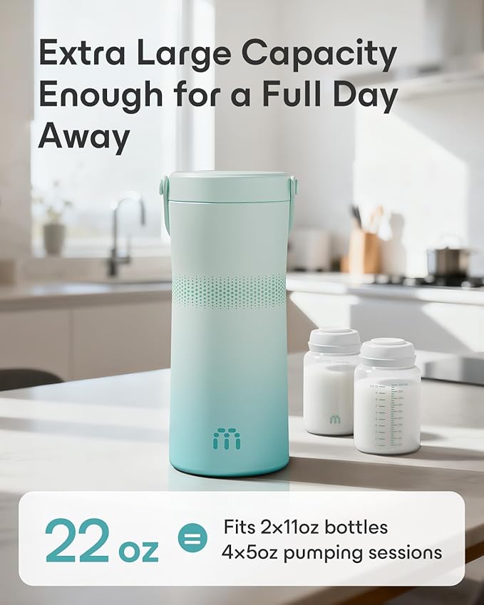 22oz Breast Milk Cooler for Travel & Work, Stainless Steel Chiller with 360° Even Cooling, Keeps Milk Cold for 24 Hours, Portable Storage for Breastfeeding Moms, Includes 2 Baby Bottles, Green