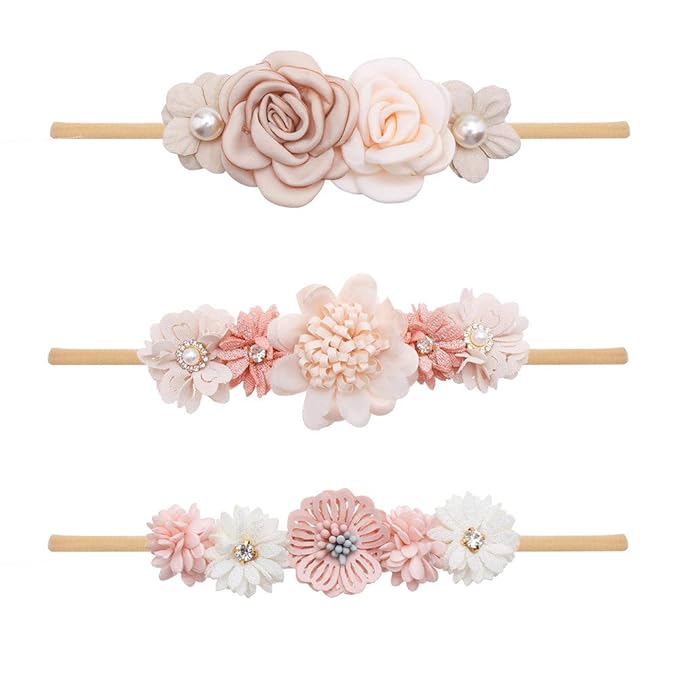 Baby Girl Nylon Headbands Flower Hair Bows Accessories-Elastic Hair Band Crown Handmade FLoral Wraps Birthday Gifts for Girls Newborn Infant Toddler 3Pcs