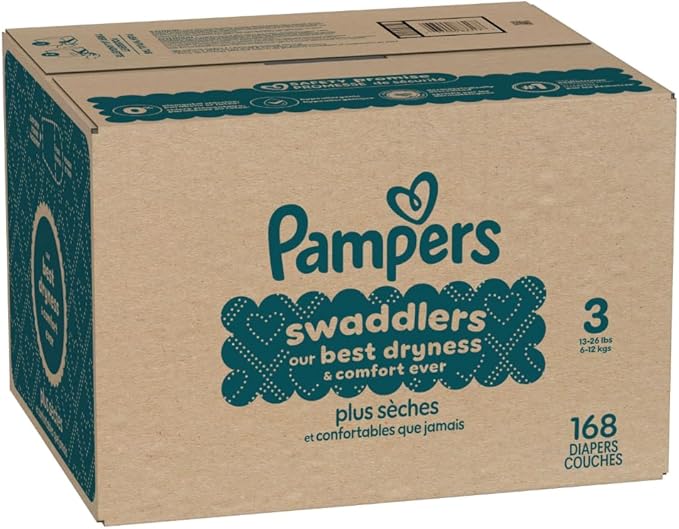 Pampers Swaddlers Diapers, Size 3 (13-26 lbs), 168 Count, Absorbent, Keeps Baby Dry and Comfortable, Skin Safe Disposable Baby Diaper (Packaging May Vary)