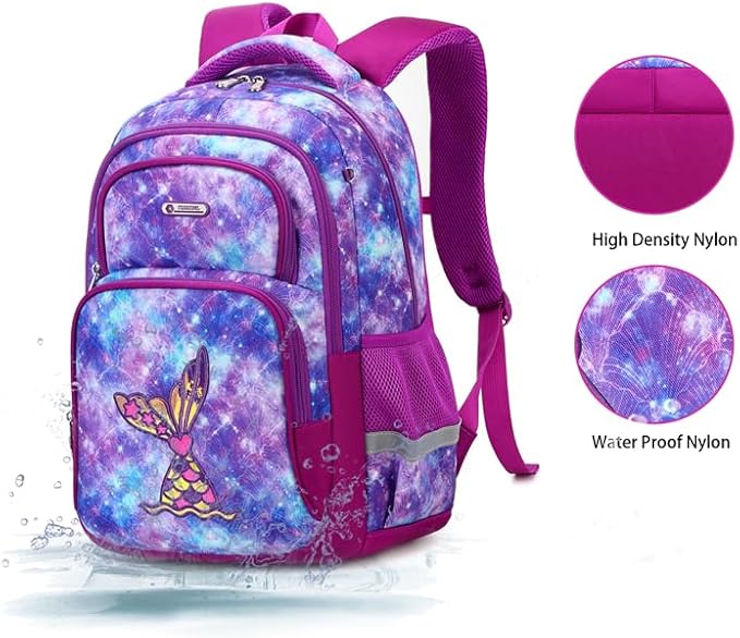 Cusangel Purple Mermaid 3pcs Set with Lunch Box Pencil Case,Multi Compartment Backpack, Dinosaur Backpack Chest Strap Side Pockets 16 Inch