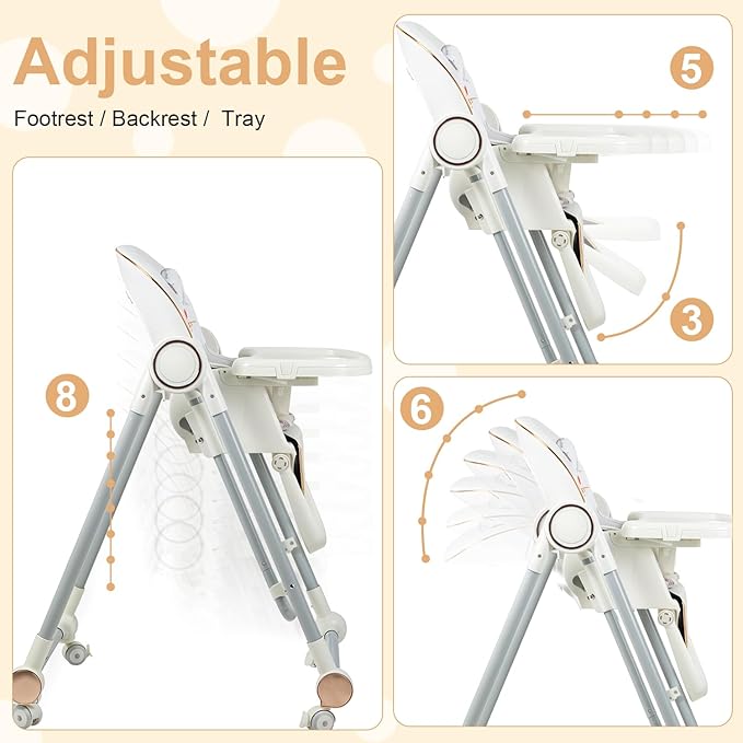 Foldable High Chair for Babies and Toddlers，Baby Swings for Infants 6-36 Months Old, Portable Baby Chair with Adjustable Backrest, Footrest, Tray, and Seat Height, Detachable Leather Cushion