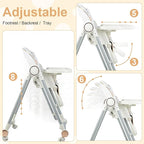 Foldable High Chair for Babies and Toddlers，Baby Swings for Infants 6-36 Months Old, Portable Baby Chair with Adjustable Backrest, Footrest, Tray, and Seat Height, Detachable Leather Cushion