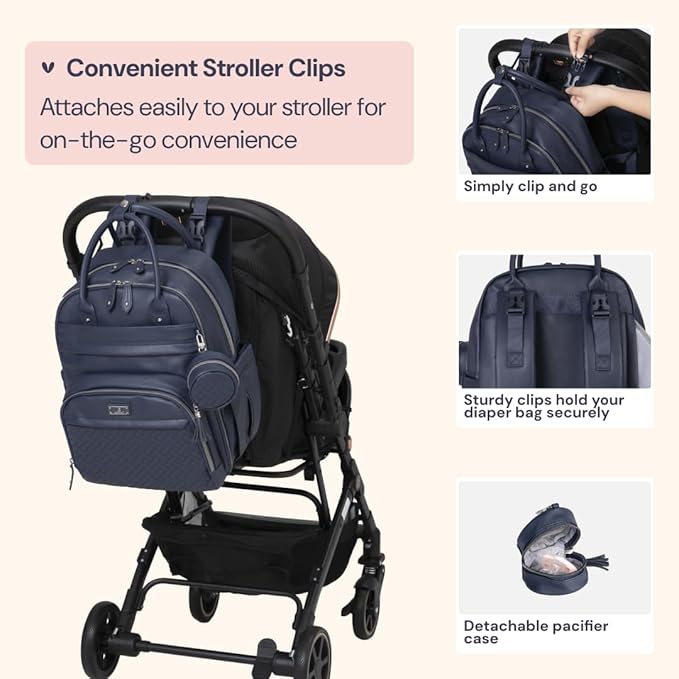 BabbleRoo Leather Diaper Bag Backpack - Baby Essentials Travel Baby Bag, Multi function, with Changing Pad, Stroller Straps & Pacifier Case – Unisex, Midnight Blue