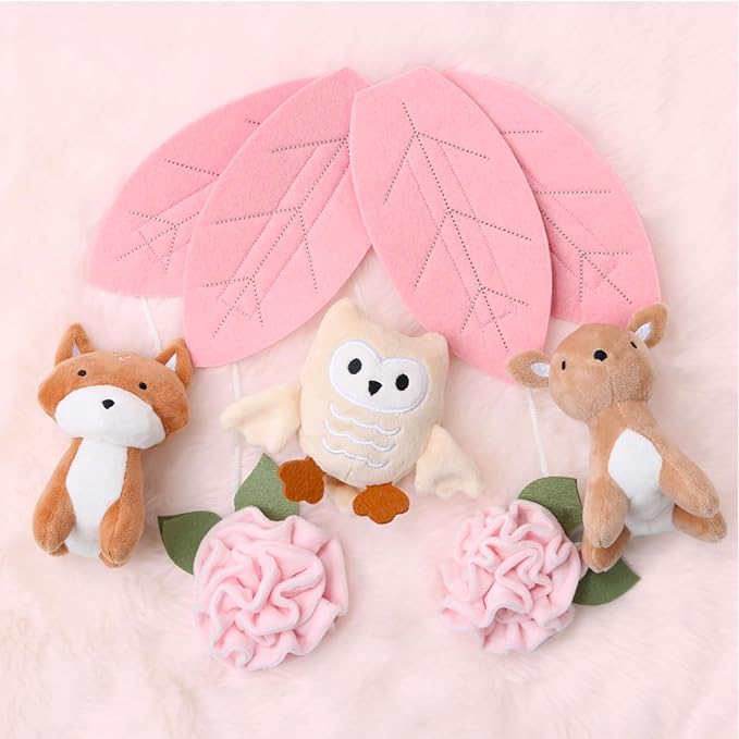 The Peanutshell Crib Mobile for Girls - Pink and White Musical Baby Crib Mobile with 12 Lullabies, Forest Baby Little Forest Nursery Decor