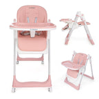 3-in-1 Foldable High Chair for Babies & Toddlers – Adjustable Height, Reclining Seat, 5-Point Safety Harness, Removable Tray, Lockable Wheels, Washable Cushion – Portable & Easy Clean, Pink