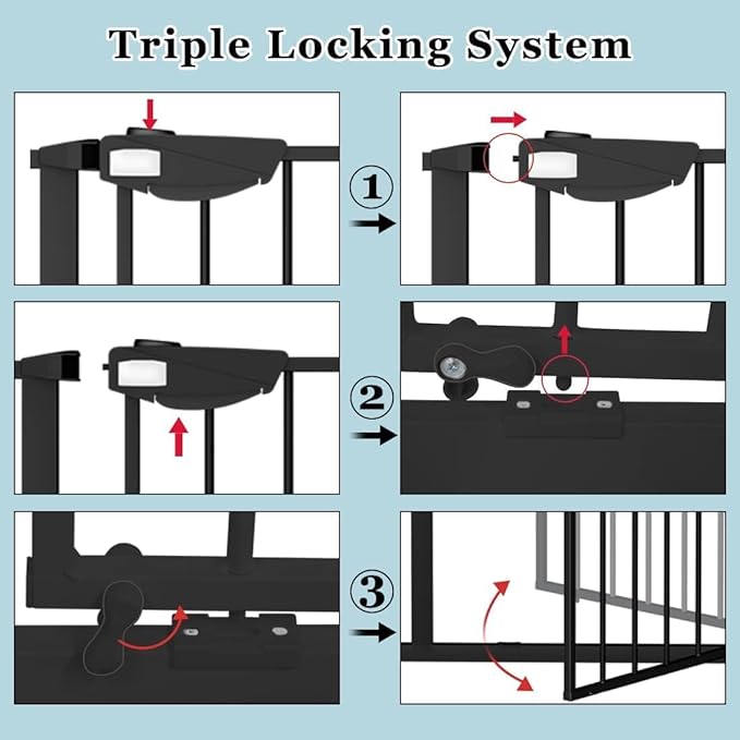 WAOWAO Triple Lock Baby Gate Extra Wide 81.49-86.22" Pressure Mounted Walk Through Swing Auto Close Safety Black Metal Dog Pet Puppy for Stairs,Doorways