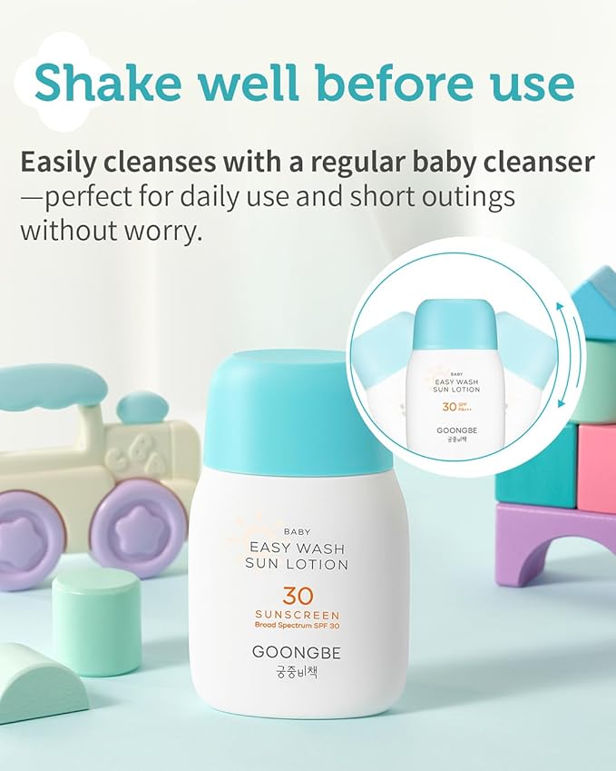 Baby Easy Wash Sun Lotion SPF 30 & Soothing Water Gel Cream - Korean Zinc Oxide Mineral Sunscreen & Cooling Moisturizer - Vegan Hypoallergenic for Ages 0-3, Lotion 2.11oz & Gel Cream 3.38oz