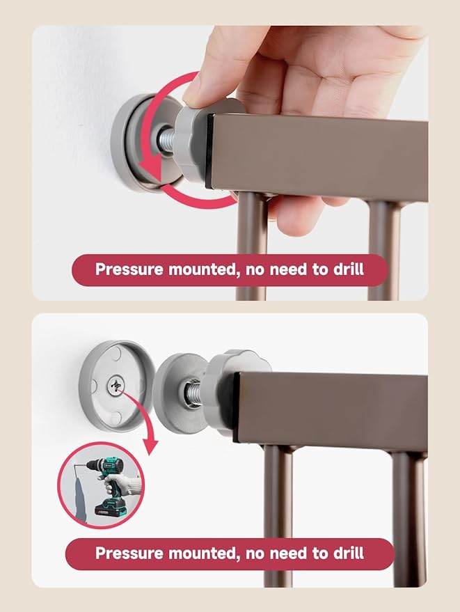 Baby Gate for Stairs, 30'' Tall 29.5-46" Extra Wide Dog Gate for Stairs Walk Thru Auto Close Metal Pet Gate for The House, Stairs and Doorways Child Gate Pressure Mounted Safety Gate Indoor - Brown
