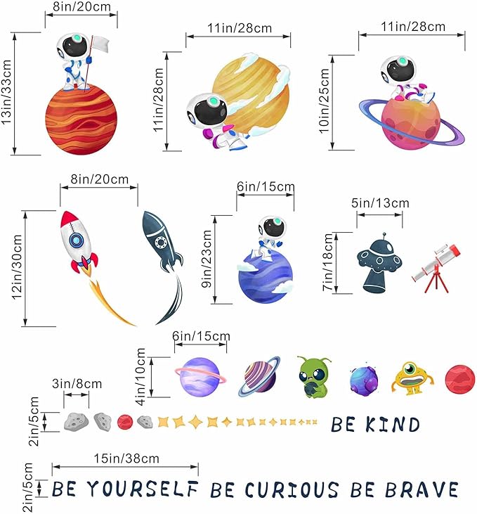 Outer Space Astronaut Wall Stickers - Be Kind Be Brave Inspirational Quotes Planets Rocket Boys Wall Decals - Baby Nursery Kids Room Daycare Wall Decor