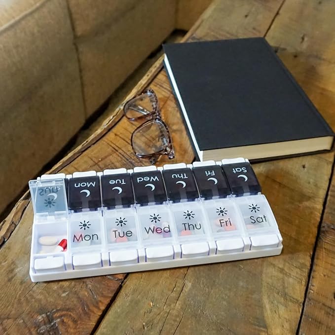 EZY DOSE Push Button (7-Day) Pill Case, Medicine Planner, Vitamin Organizer, 2 Times a Day AM/PM, Removable Trays, Large Compartments, Arthritis Friendly, Spring Open Black and White Lids, BPA Free