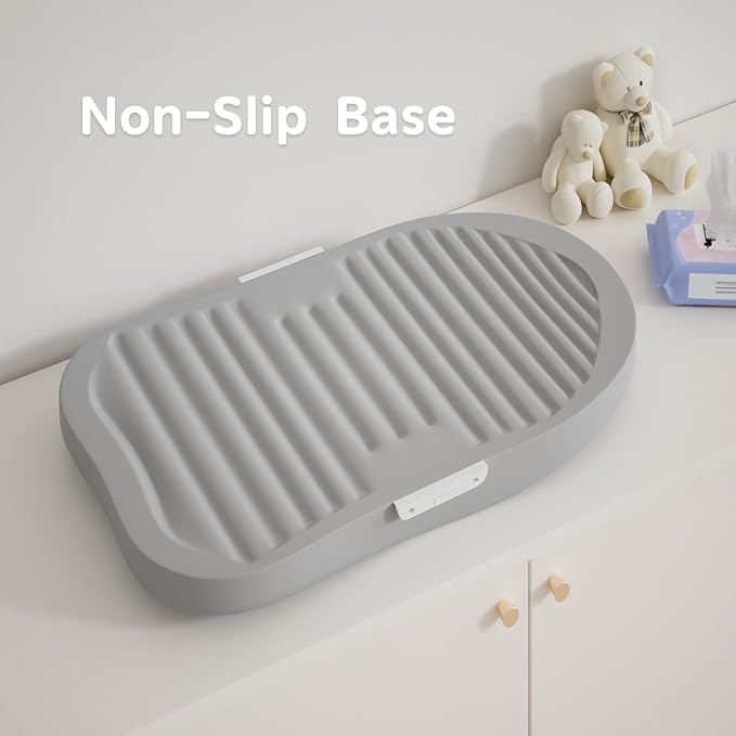 Baby Diaper Changing Pad with Adjustable Belt – Portable, Waterproof, Peanut-Shaped Design, Non-Slip Base for Table and Dresser, Grey