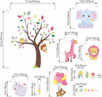 Pink Animals Baby Wall Stickers - Forest Lion Elephant Monkey Hippo Wall Decals - Girls Baby Nursery Kids Room Wall Decor