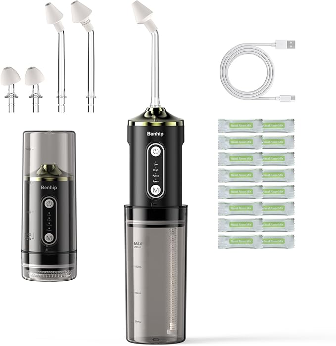 Electric Nasal Irrigation System Nasal Rinse and Wash, Cordless Foldable Neti Pot Sinus Rinse Decongestant Relief System IPX7 Waterproof with 60 Saline Packets, Snoring Remedy (Black)