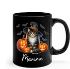 Personalized Name Norwegian Forest Halloween Coffee Mug, Custom Norwegian Forest Witch Hat Ceramic Cup, Cat with Pumpkins Mug 11oz 15oz, Halloween Cat Black Cup Gift for Boy Girl Pet Owner