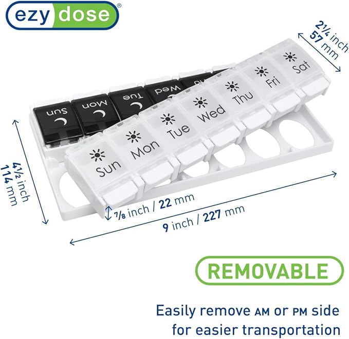 EZY DOSE Push Button (7-Day) Pill Case, Medicine Planner, Vitamin Organizer, 2 Times a Day AM/PM, Removable Trays, Large Compartments, Arthritis Friendly, Spring Open Black and White Lids, BPA Free