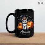 Personalized Name British Shorthair Coffee Mug Gift for Cat Lover, British Shorthair Wearing Witch Hat Black Cup, Custom Cat Pumpkins Halloween Ceramic Cup 11oz 15oz, Pet Owner Halloween Mug