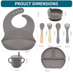 100% Silicone baby feeding set,BPA free Baby dishes set with Suction Bowl Divided Plate,Toddler Self Feeding Dish Set with Spoons Forks Sippy Cup And Bib, Baby Eating Utensils (Light Brown)