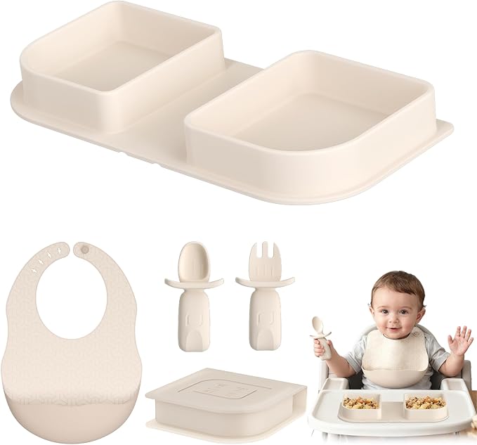 Traval Silicone Foldable Feeding Set, On-the-Go Baby Feeding Supplies Including Toddler Plates, Silicone Baby Spoon&Fork, Adjustable Foldable Bib, Portable Infant Toddler Utensils, Beige