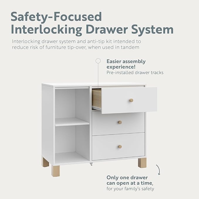 Storkcraft California 3 Drawer Combo Dresser (White with Driftwood) – GREENGUARD Gold Certified, Interlocking Drawer System, Pre-Installed Drawer Tracks for Easier Assembly, Spacious Cabinet