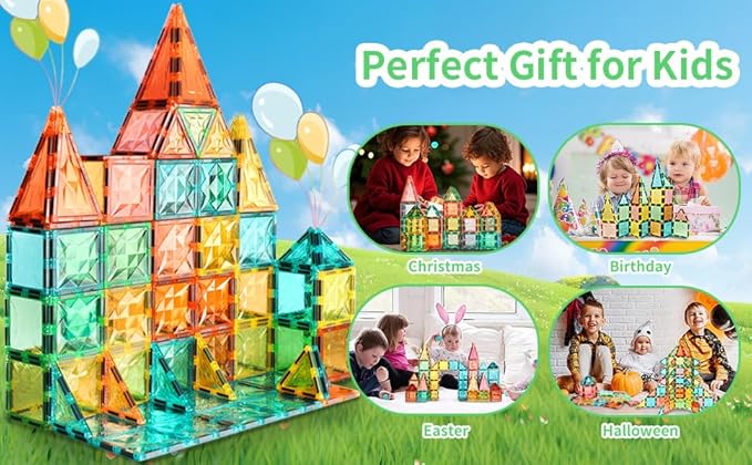 Magnetic Tiles,Magnet Building Blocks Construction Stacking Educational Toy Creative Playboard for Kids Ages 3+ (60 Pieces)