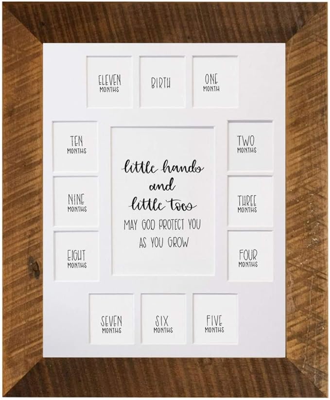 Rustic Red Door Co. Baby's First Year Picture Mat - Barnwood Frame - Little Hands and Little Toes Photo Collage - 13 Picture Slots - Newborn to One Year Birthday - Watch Your Baby Grow (White Mat)