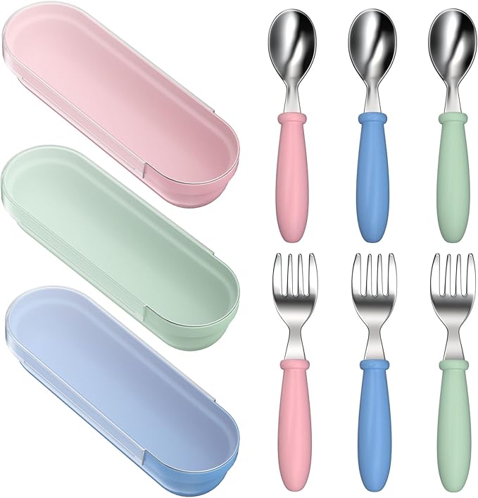 Toddler Utensils, Kids Stainless Steel Silverware Set, Toddler Forks and Spoons, Baby Utensils Set with Storage Box for Self Feeding Safe, Dishwasher Safe (3 Set with Case)