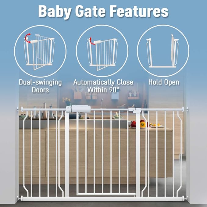 ALLAIBB Extra Wide Pressure Mount Baby Gate Auto Close White Metal Child Dog Pet Safety Gates with Walk Through for Stairs,Doorways,Kitchen and Living Room(48.03-52.76"/122-134cm)