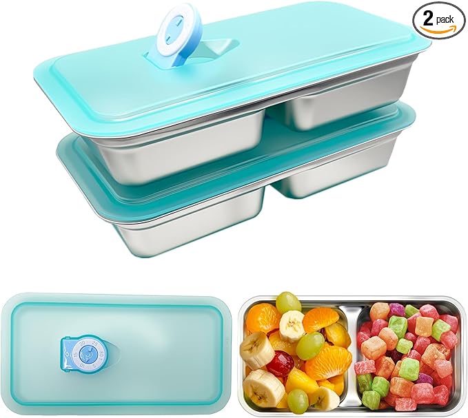 Stainless Steel Snack Containers with Lids - condiment containers with lids, reusable double compartment snack containers, Grab and Go Snack Containers Dishwasher Safe for School, Work, travel