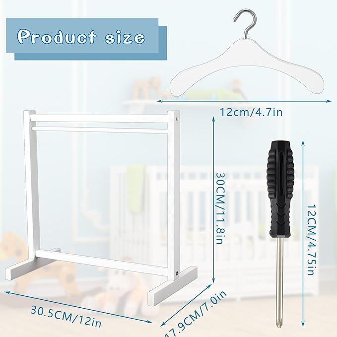 Civaner 22 Pcs Doll Garment Rack with Wooden Clothes Hanger for 18 Inch Girl Doll Clothes Mini Hangers Wardrobe Furniture Accessories for Dollhouse Baby Shower Supplies (White)