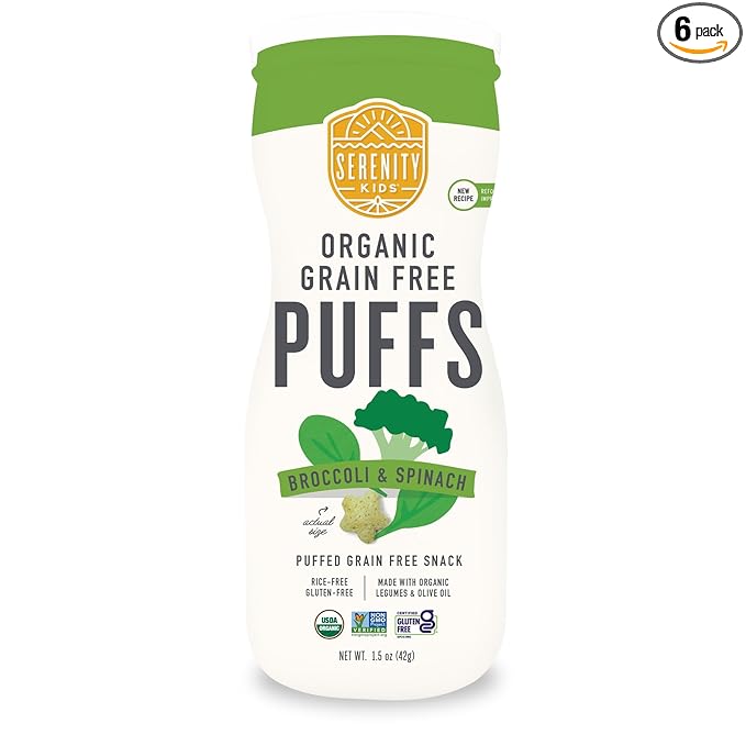 Serenity Kids 6+ Months Grain-Free Allergen-Safe Toddler & Baby Puffs - No Grains, Gluten, Nuts, Rice - Organic Veggies, Legumes, Olive Oil Baby Snacks - 1.5 Ounce, Pack of 6, Broccoli & Spinach