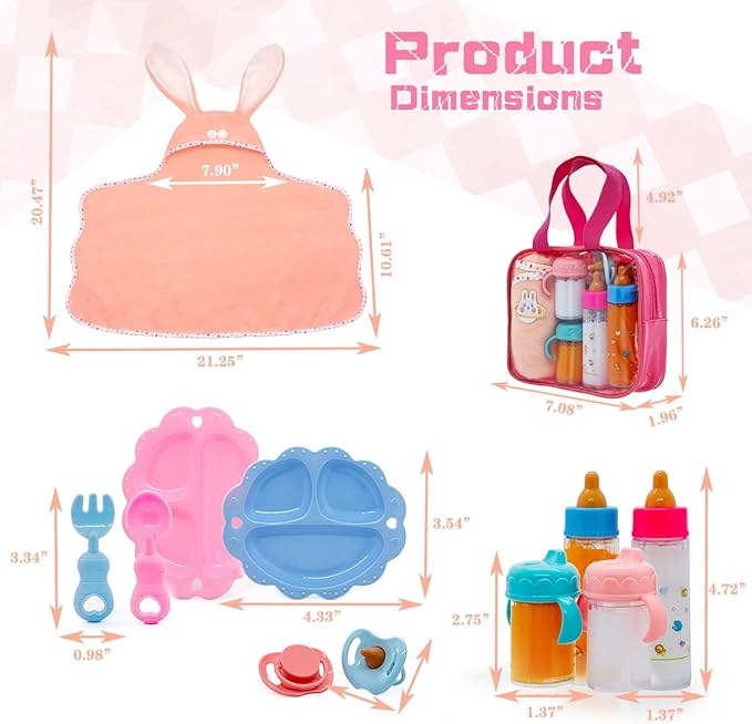Baby Doll Accessories Magic Bottle Set - 13 Pieces Doll Feeding Pretend Playset with Disappearing Milk & Juice Bottles, Pacifiers Bowl and Bath Towel Doll Bottle Toys set Gift for Kids Girls Ages 3+