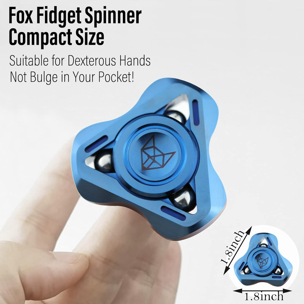 FREELOVE Upgraded Fox Metal Fidget Spinner for Adults, Steel/Glow Balls Clicking Noise, Mini Small Tiny Pocket Tri Finger Gyro, Long Spinning Premium Bearing Toy, Stainless Steel CNC, Blue