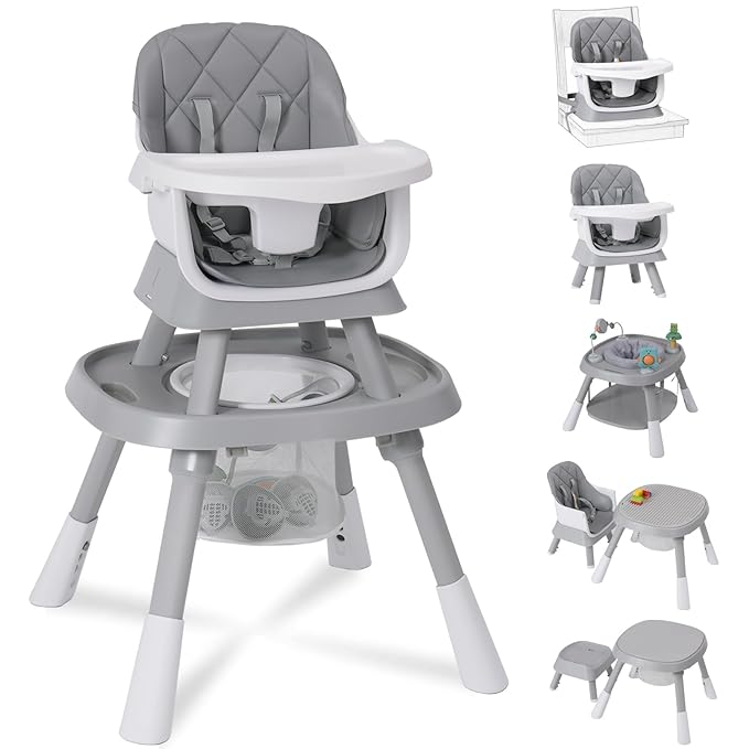 Babyliebe 15-in-1 Baby High Chair, Convertible Highchair for Babies and Toddlers with Activity Center, Booster Seat, Building Block Table, Toddler Chair with Safety Harness, Removable Tray (Gray)