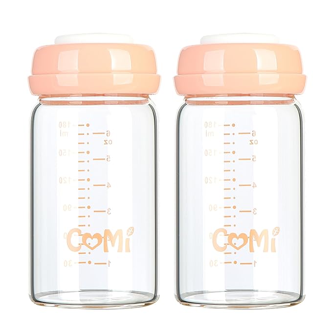 COMI Wide Neck Glass Breastmilk Collection n Storage Bottle, 6oz with Screw Ring Sealing Disk; Re-markable Sealing Disc. BPA Free, Fits Breast Pumps & Nipples (2 Pack Pink Lids)