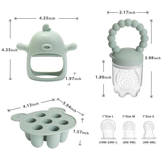 Baby Fruit Feeder & Breastmilk Popsicle Mold Set – 3 Pack Silicone Teething Relief Kit with Food Feeder Pacifier, Freezer Tray with Lid & Baby Teether Toy (Pea Green)