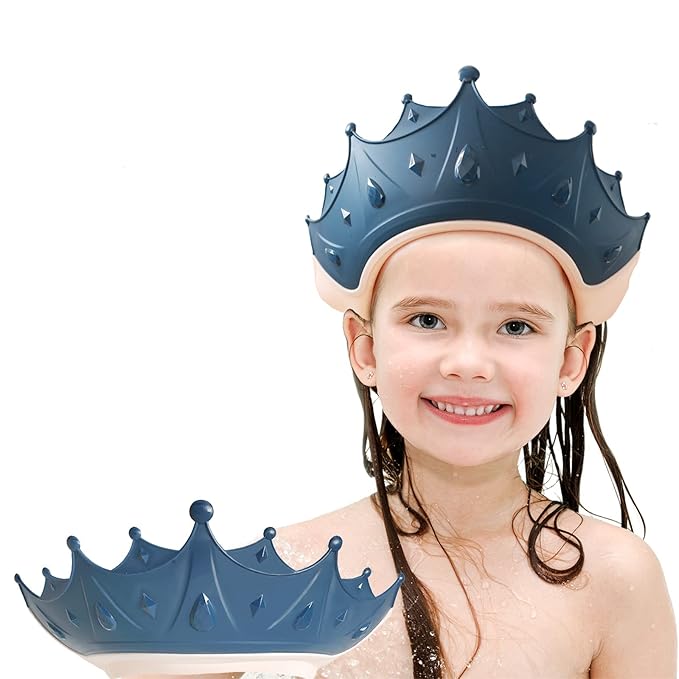 Baby Shower Cap Shield, Shower Cap for Kids, Visor Hat for Eye and Ear Protection for 0-9 Years Old Children, Cute Crown Shape Makes The Baby Bath More Fun(Blue)