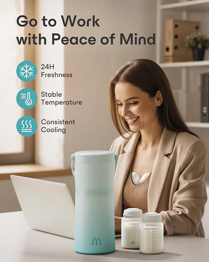 22oz Breast Milk Cooler for Travel & Work, Stainless Steel Chiller with 360° Even Cooling, Keeps Milk Cold for 24 Hours, Portable Storage for Breastfeeding Moms, Includes 2 Baby Bottles, Green