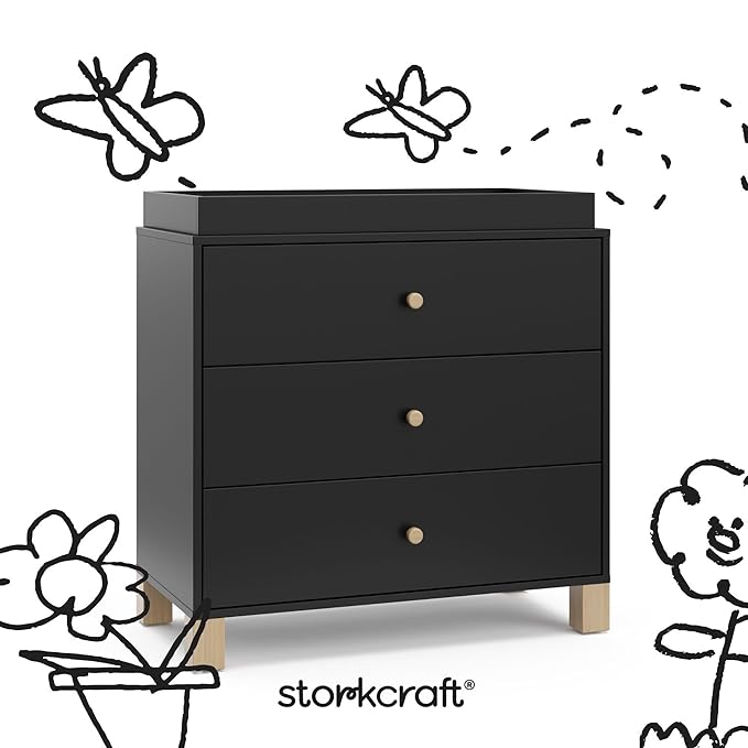 Storkcraft California 3-Drawer Chest with Removable Changing Topper (Black with Driftwood) – GREENGUARD Gold Certified, Interlocking Drawer System, Pre-Installed Tracks, Easy Assembly
